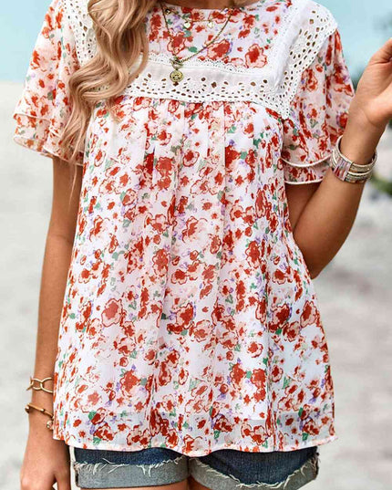 Floral Round Neck Spliced Lace Blouse