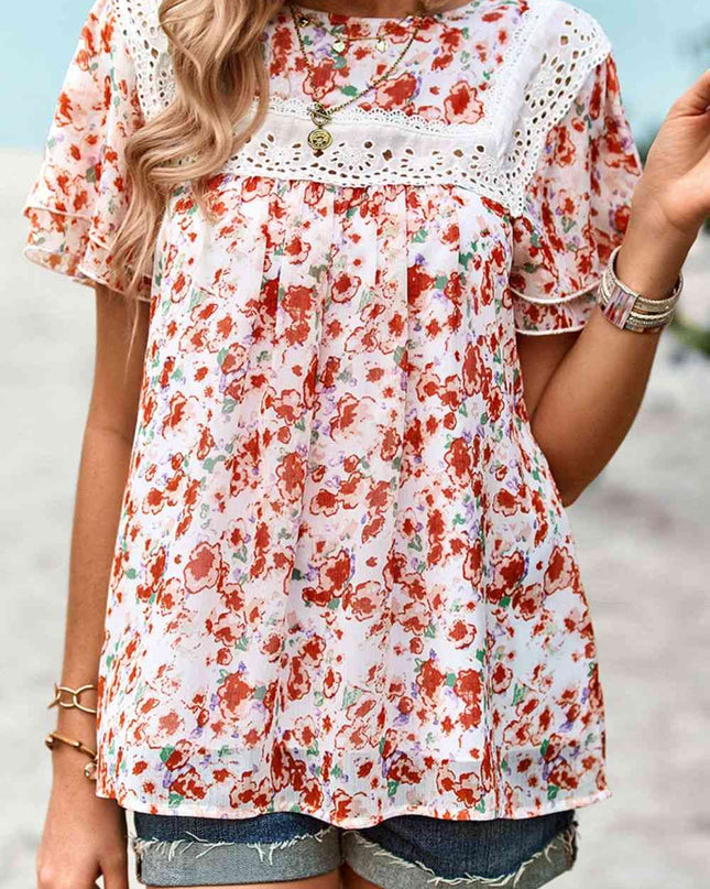 Floral Round Neck Spliced Lace Blouse