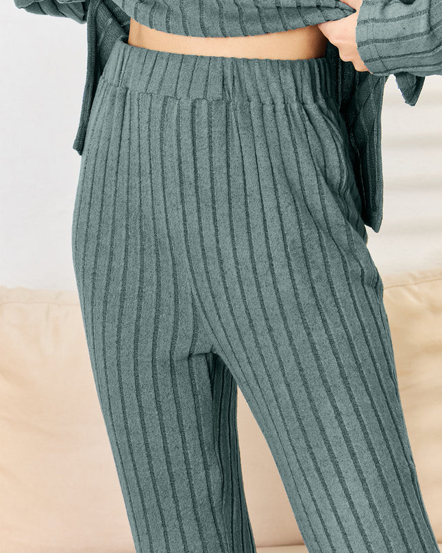 Basic Bae Full Size Ribbed Drawstring Hood Top and Straight Pants Set