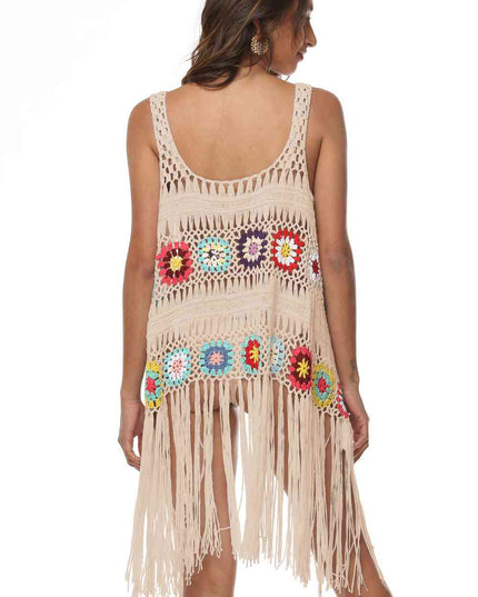 Openwork Fringe Detail Embroidery Sleeveless Cover-Up