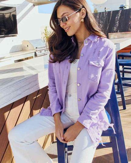 American Bazi Full Size Distressed Button Down Denim Jacket in Lavender