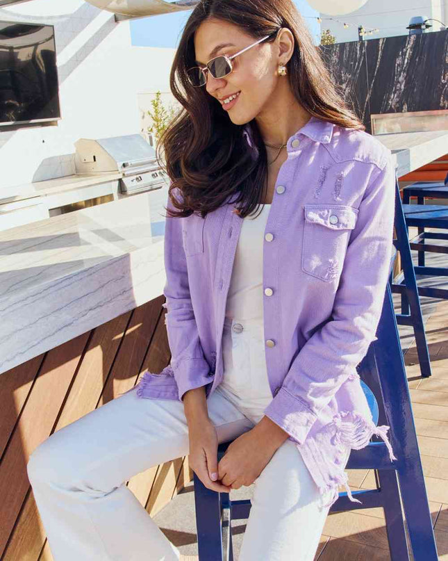 American Bazi Full Size Distressed Button Down Denim Jacket in Lavender