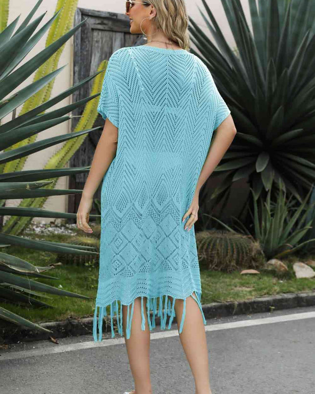 V-Neck Short Sleeve Fringe Hem Knit Dress