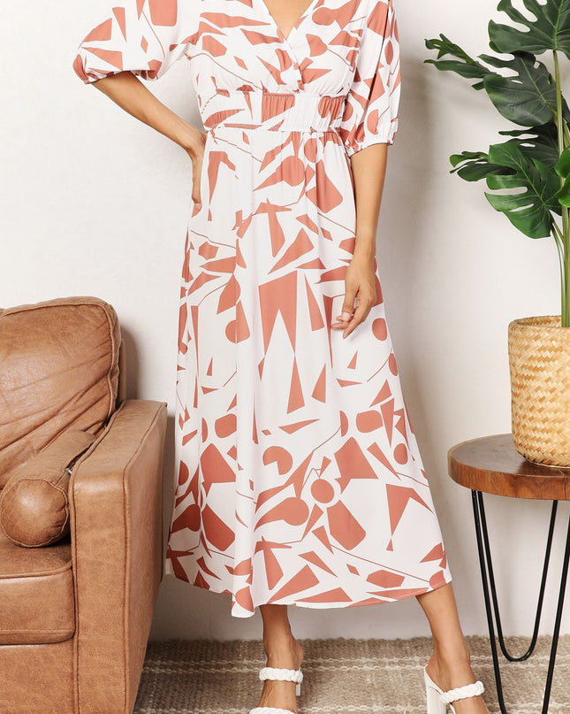 Double Take Printed Surplice Balloon Sleeve Dress