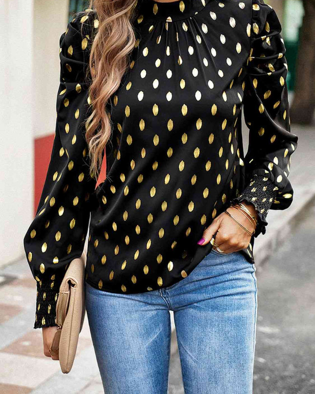 Printed Mock Neck Lantern Sleeve Blouse