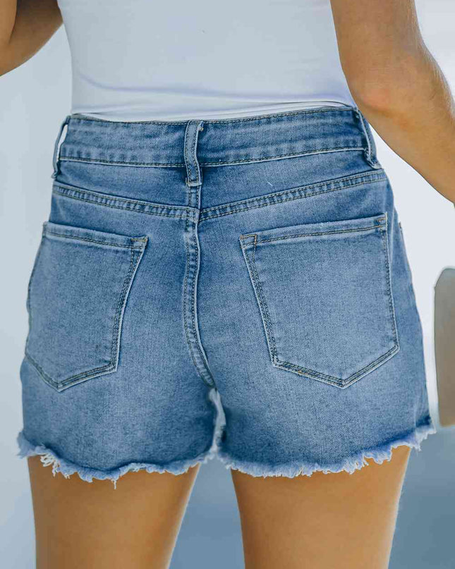 Frayed Hem Distressed Denim Shorts with Pockets