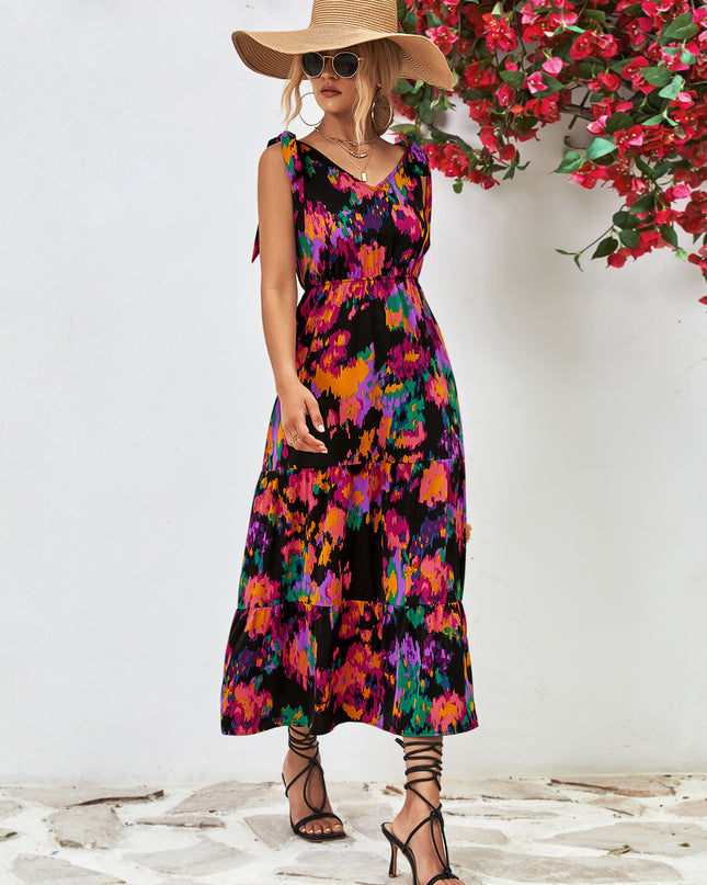Multicolored V-Neck Backless Midi Dress