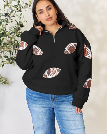 Double Take Full Size Sequin Football Half Zip Long Sleeve Sweatshirt