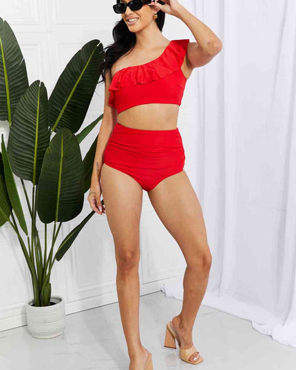 Marina West Swim Seaside Romance Ruffle One-Shoulder Bikini in Red