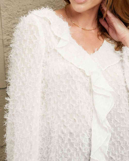 Double Take Ruffle Hem Fringe V-Neck Balloon Sleeve Blouse