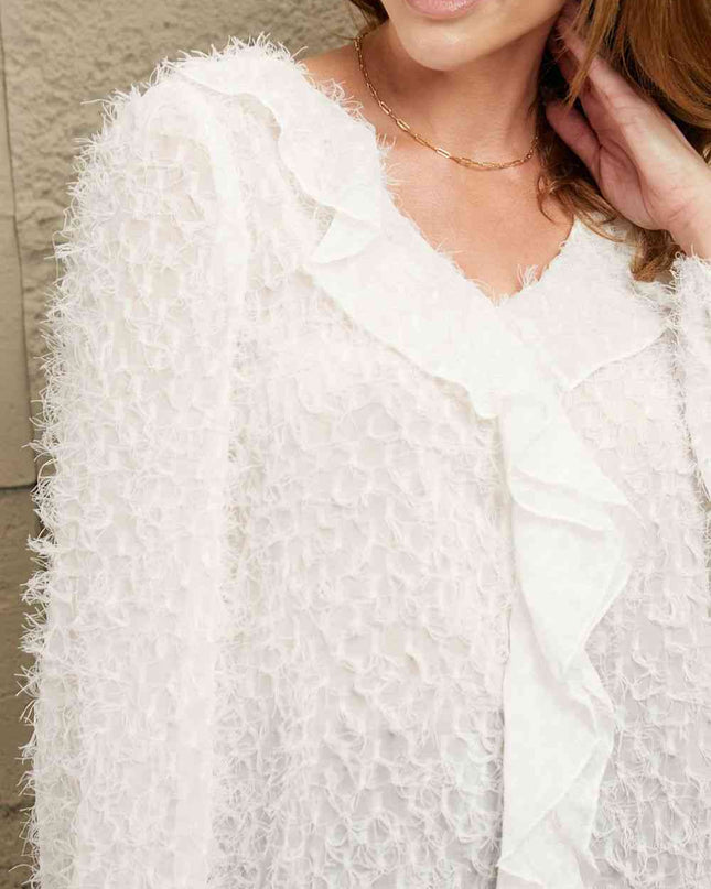 Double Take Ruffle Hem Fringe V-Neck Balloon Sleeve Blouse