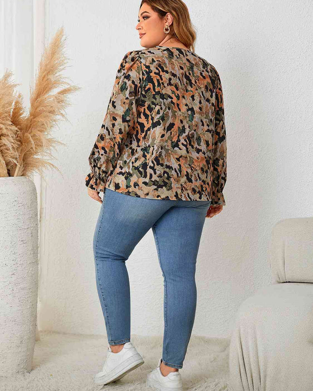 Plus Size Lace Trim Flounce Sleeve Blouse