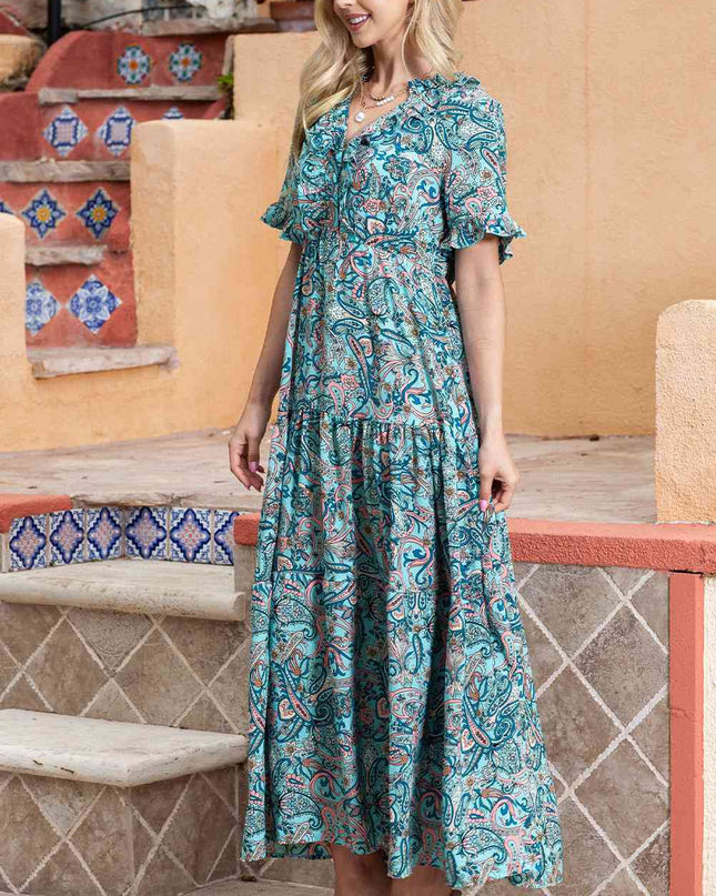 Paisley Print Flounce Sleeve Maxi Dress