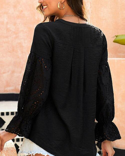 Crochet Flounce Sleeve Button Up Blouse