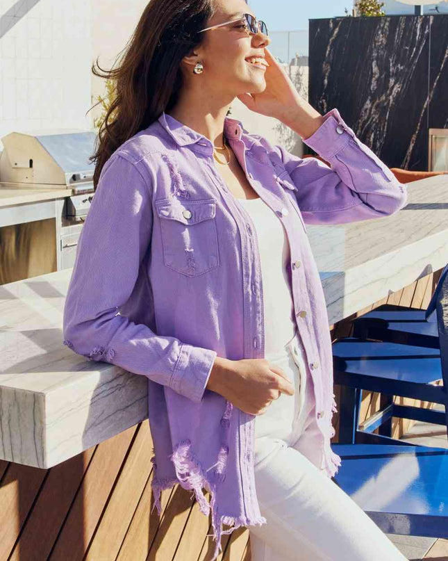 American Bazi Full Size Distressed Button Down Denim Jacket in Lavender