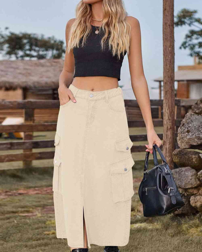 Slit Front Midi Denim Skirt with Pockets