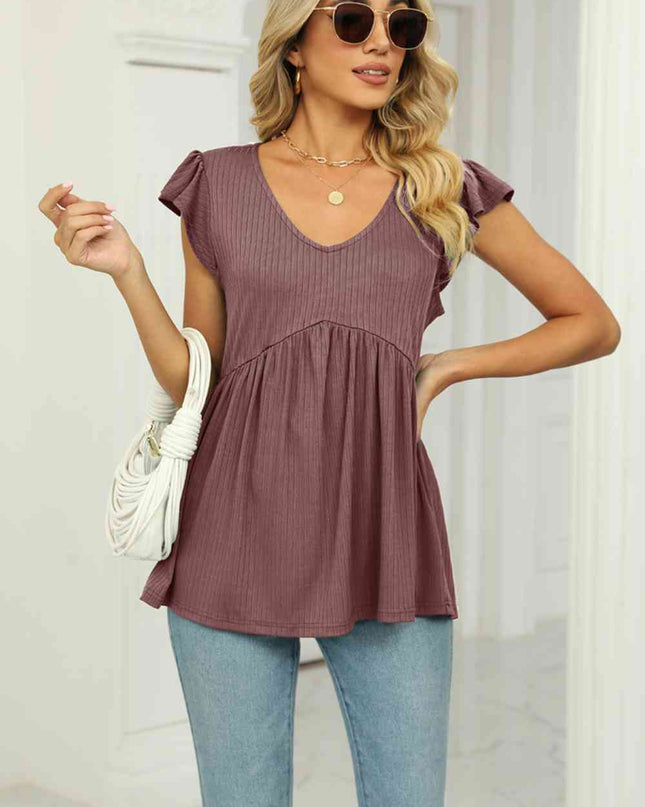 V-Neck Flutter Sleeve Babydoll Blouse