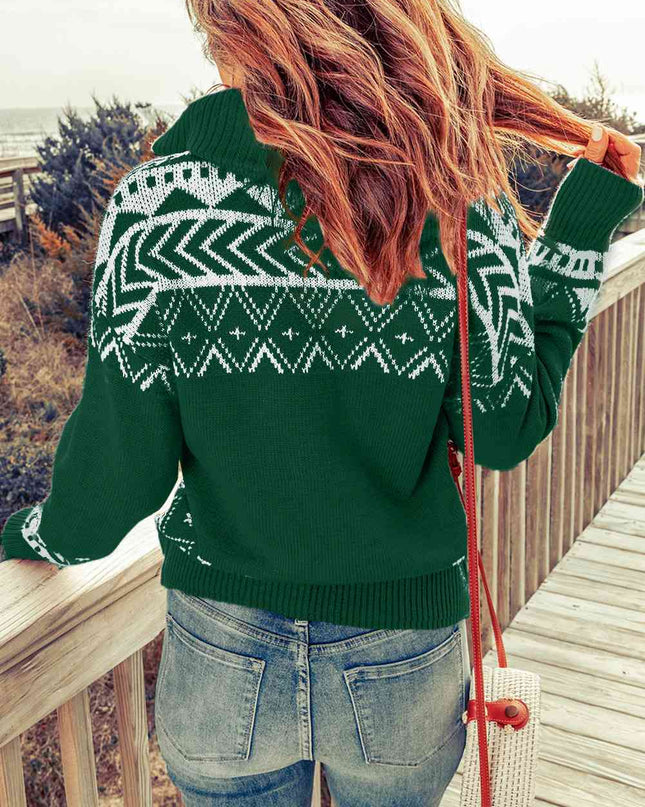 Zip-Up Mock Neck Dropped Shoulder Pullover Sweater