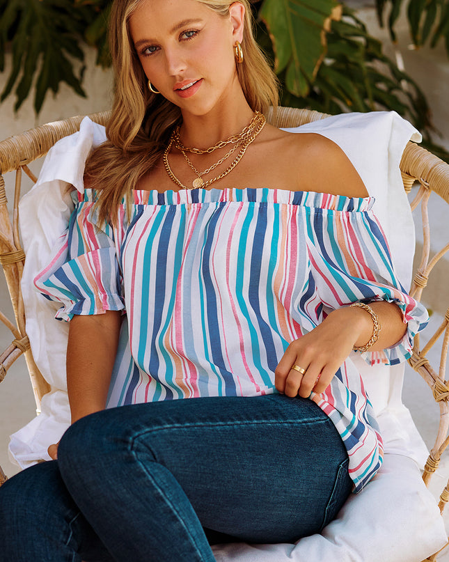 Rainbow Stripe Off-Shoulder Frilled Flounce Sleeve Blouse