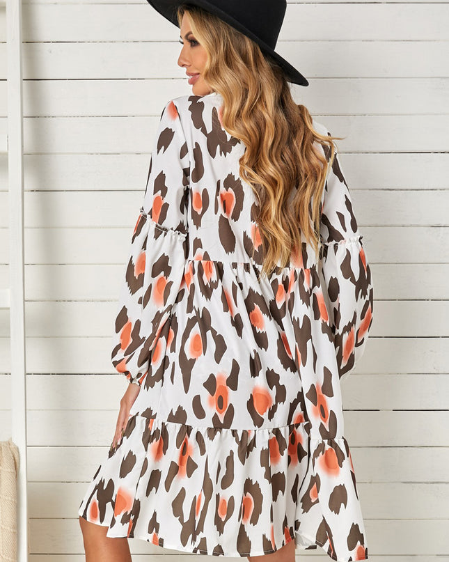 Printed V-Neck Long Sleeve Dress