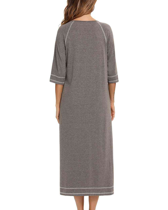 Zip Up Slit Round Neck Night Dress with Pockets