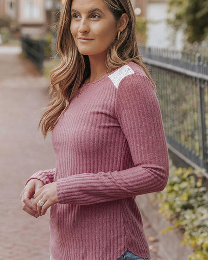 Ribbed Lace Detail Long Sleeve Knit Top