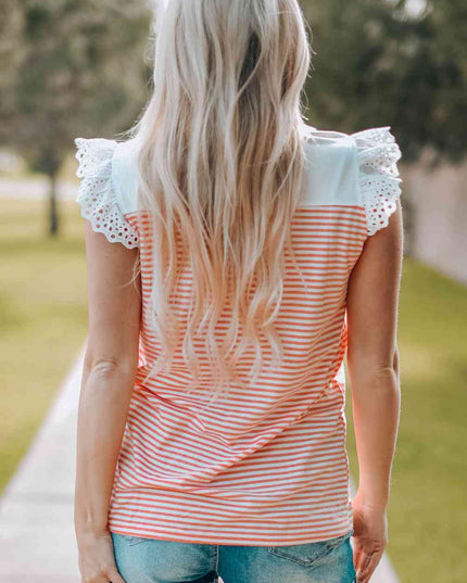 Striped Lace Trim Flutter Sleeve Top