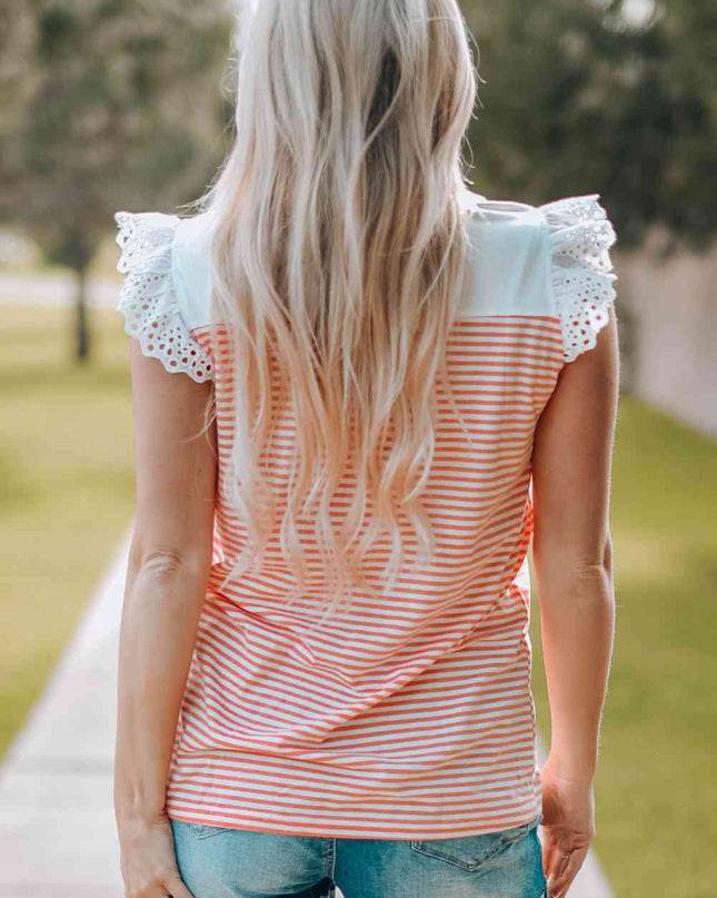 Striped Lace Trim Flutter Sleeve Top