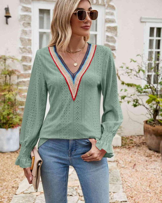 Eyelet Flounce Sleeve V-Neck Blouse