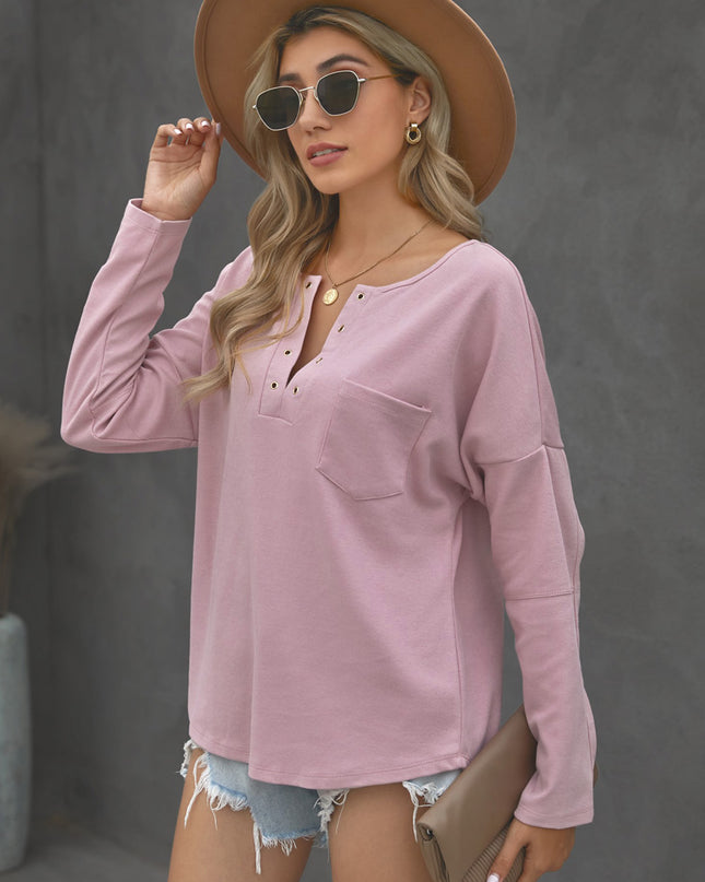 Grommet Long Sleeve V-Neck Top