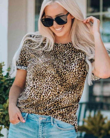 Women Leopard Short Flounce Sleeve Tee