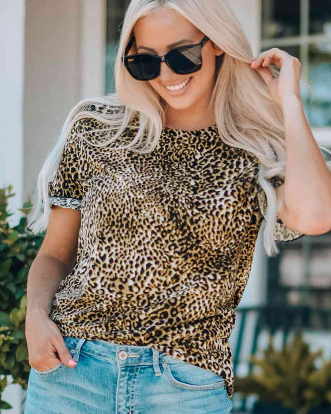Women Leopard Short Flounce Sleeve Tee