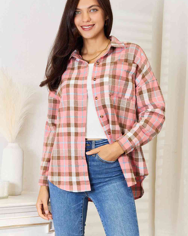 Double Take Plaid Collared Neck Long Sleeve Button-Up Shirt
