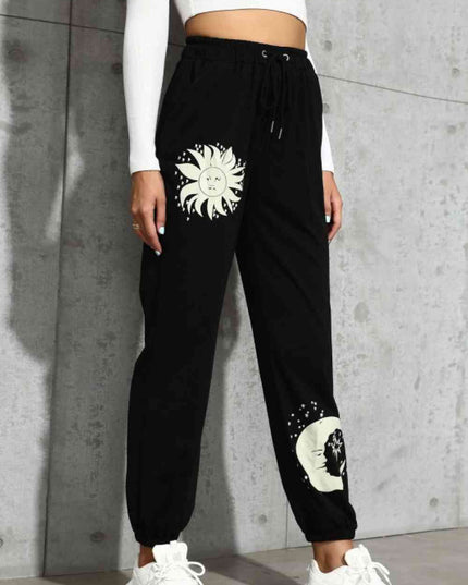 Sun and Moon Graphic Drawstring Joggers
