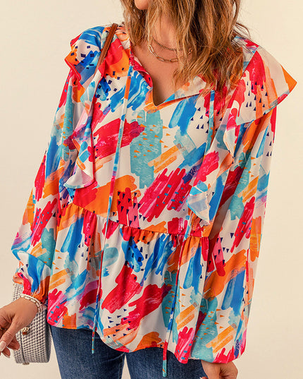 Brush Stroke Ruffled Tie Neck Blouse