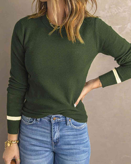 Round Neck Contrast Long Sleeve Knit Top