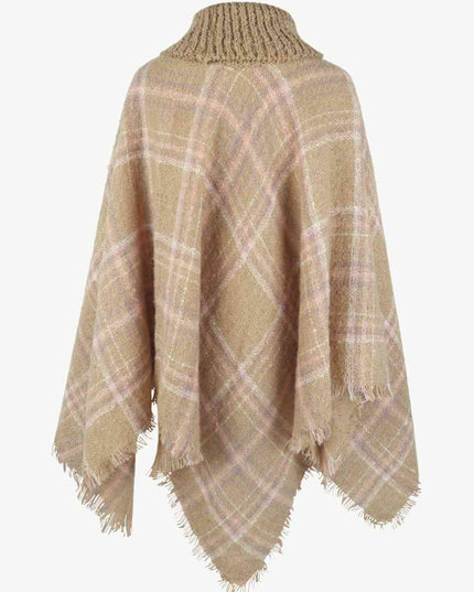 Plaid Turtleneck Fringe Hem Poncho