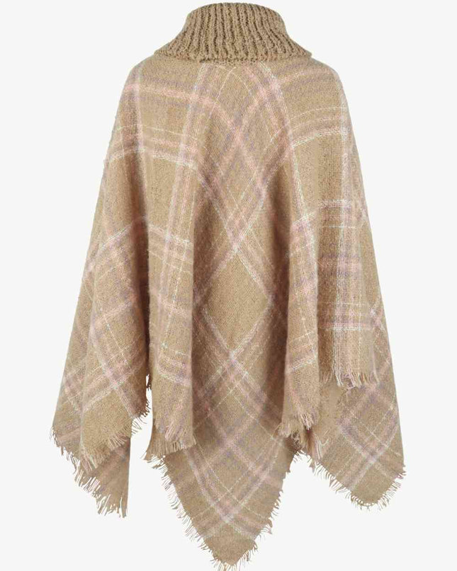 Plaid Turtleneck Fringe Hem Poncho