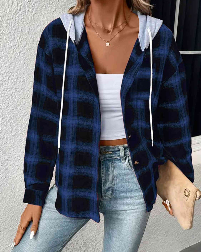 Plaid Drawstring Button Up Hooded Jacket