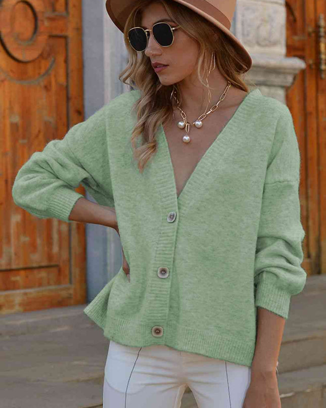V-Neck Button-Down Dropped Shoulder Cardigan