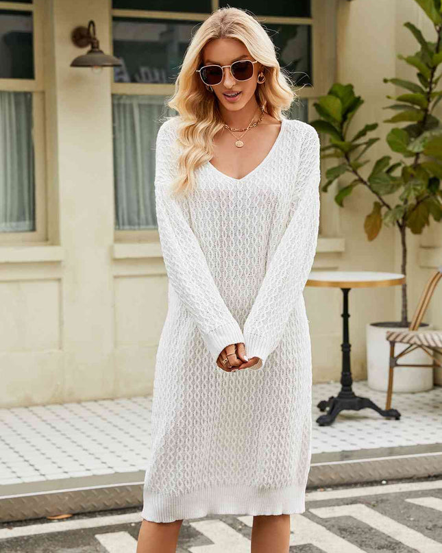 V-Neck Long Sleeve Sweater Dress
