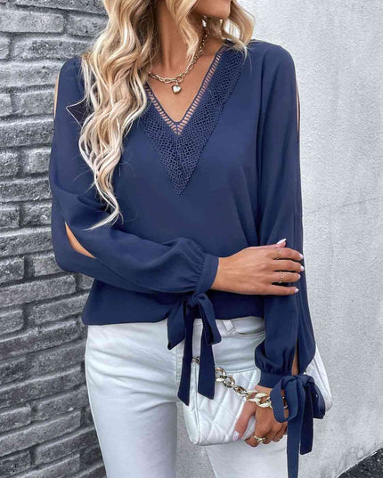 Double Take V-Neck Tie Cuff Slit Blouse