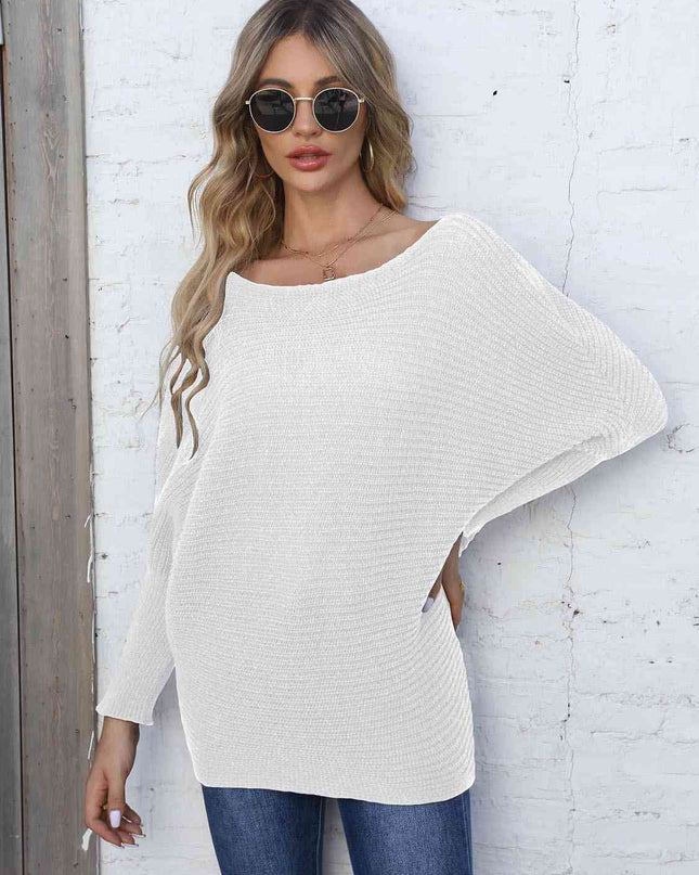 Full Size Horizontal Ribbing Dolman Sleeve Sweater