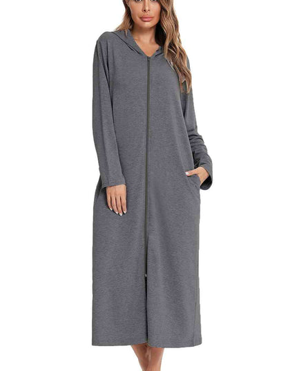 Zip Front Hooded Night Dress with Pockets