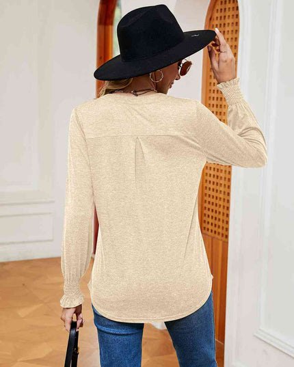 Notched Neck Long Sleeve Blouse