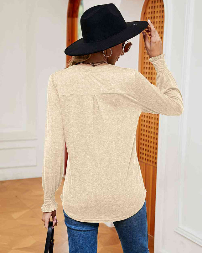 Notched Neck Long Sleeve Blouse