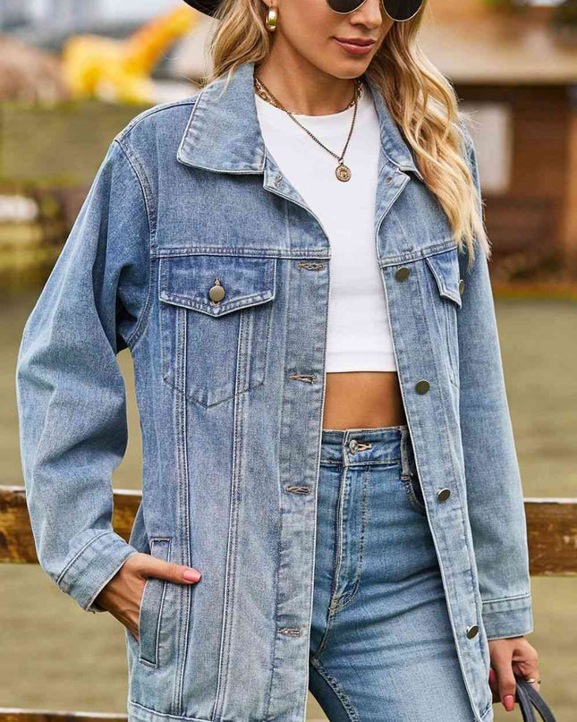 Buttoned Collared Neck Denim Jacket with Pockets
