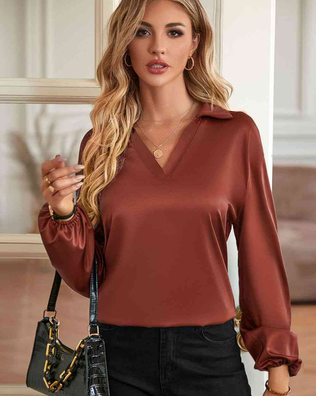 Johnny Collar Lantern Sleeve Blouse