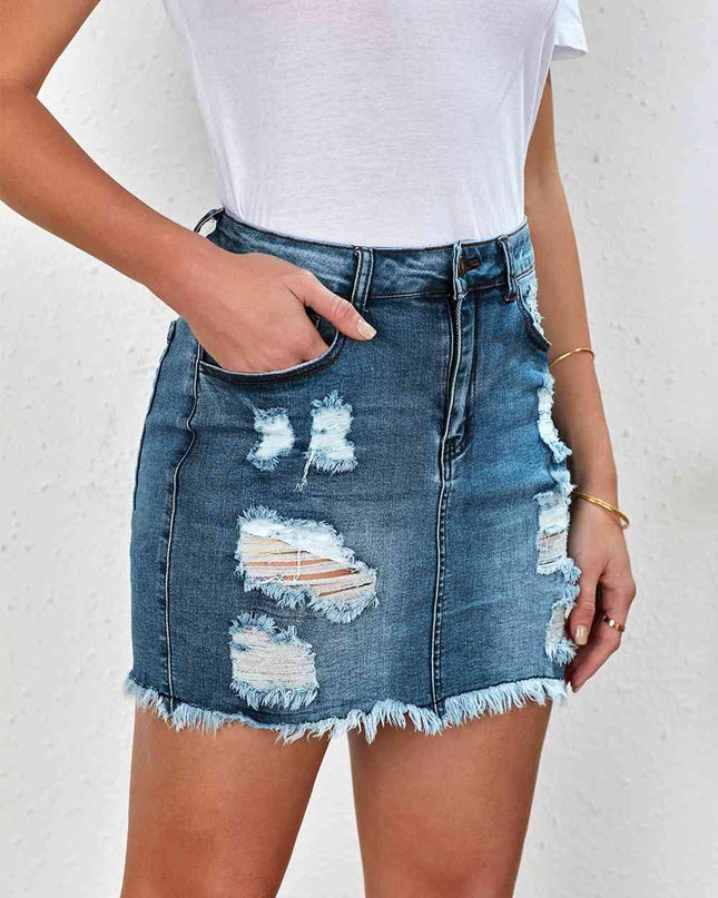 Distressed Raw Hem Denim Mini Skirt