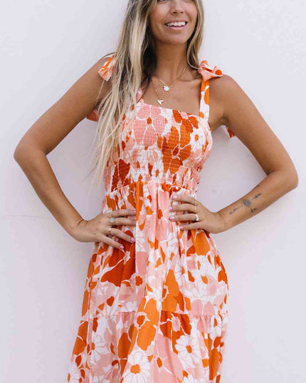 Floral Tie-Shoulder Smocked Maxi Dress